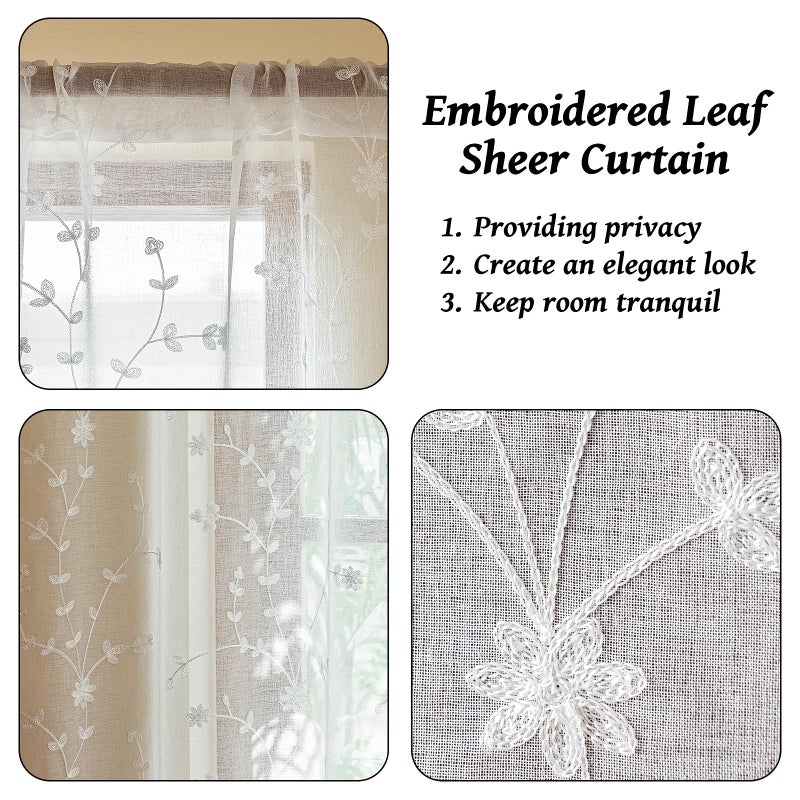 AmHoo 2 Panels Leaf Flora Embroidered Farmhouse Semi Sheer Curtain Voile Curtains for Living Room Bedroom Window Treatment White 53 x 63 Inch - Image 4